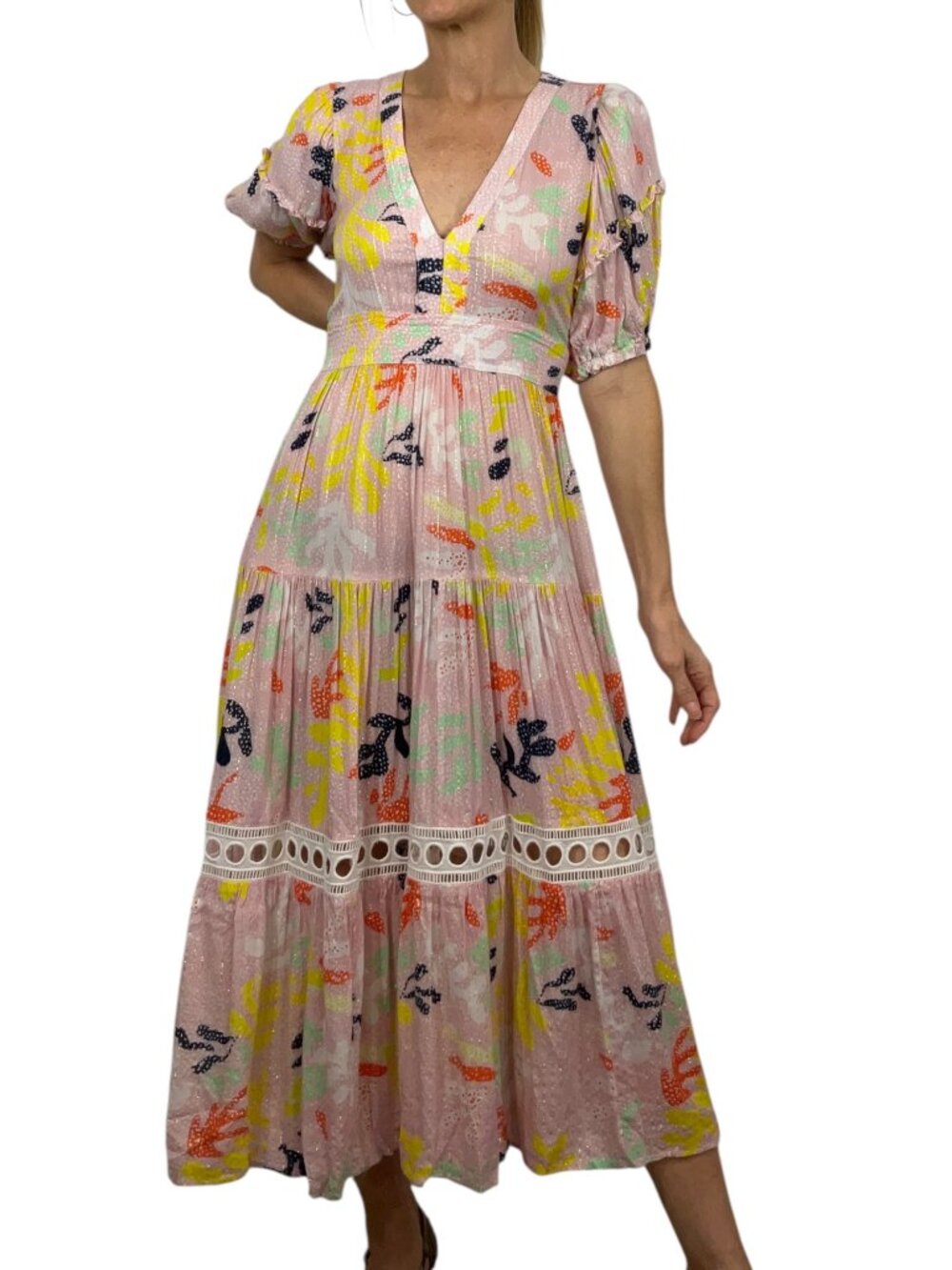 Lem Lem Reef Flutter Sleeve Maxi Dress M Pink Tiered Side Slits Summer - Picture 5 of 16
